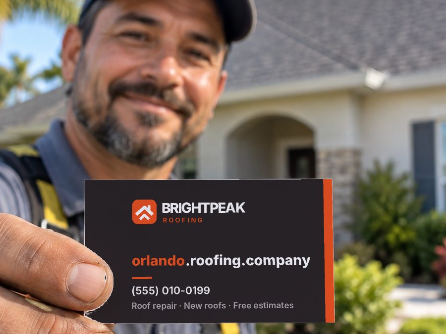 orlando.roofing.company on a roofer's business card
