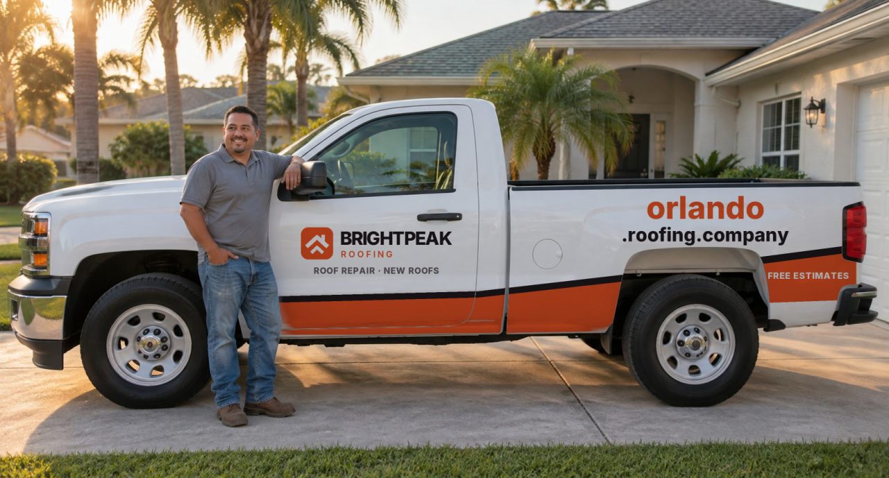 orlando.roofing.company painted on the side of a white work truck
