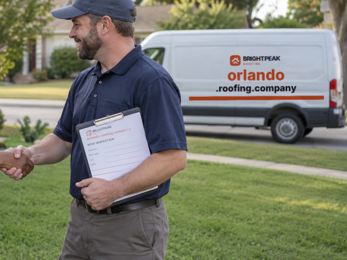 orlando.roofing.company on a roofing van and an inspection form